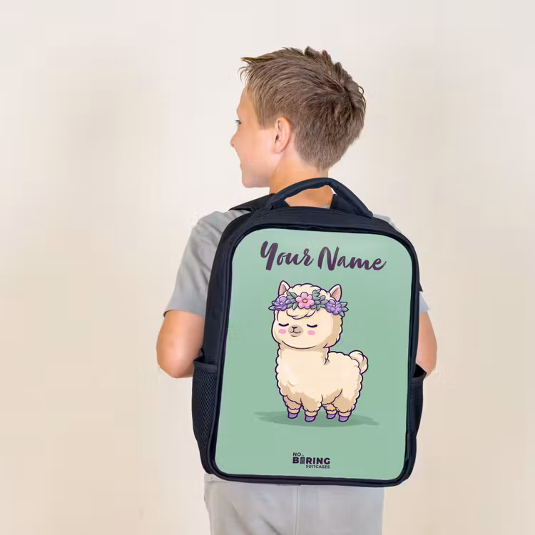 Kids backpack with name - Black - Kawai - Alpaca - Green — 2