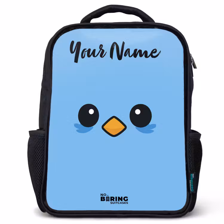 Kids backpack with name - Black - Kawai - Bird - Blue — 1