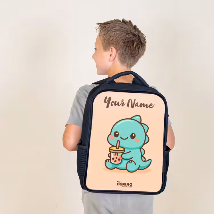 Kids backpack with name - Black - Kawai - Dino - Bubbletea — 2