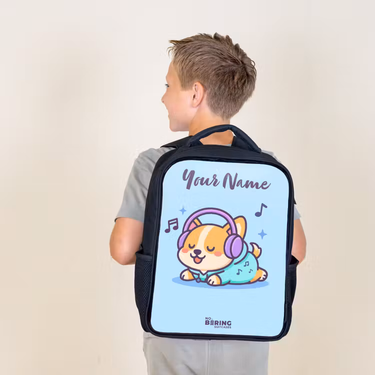 Kids backpack with name - Black - Kawai - Dog - Music — 2