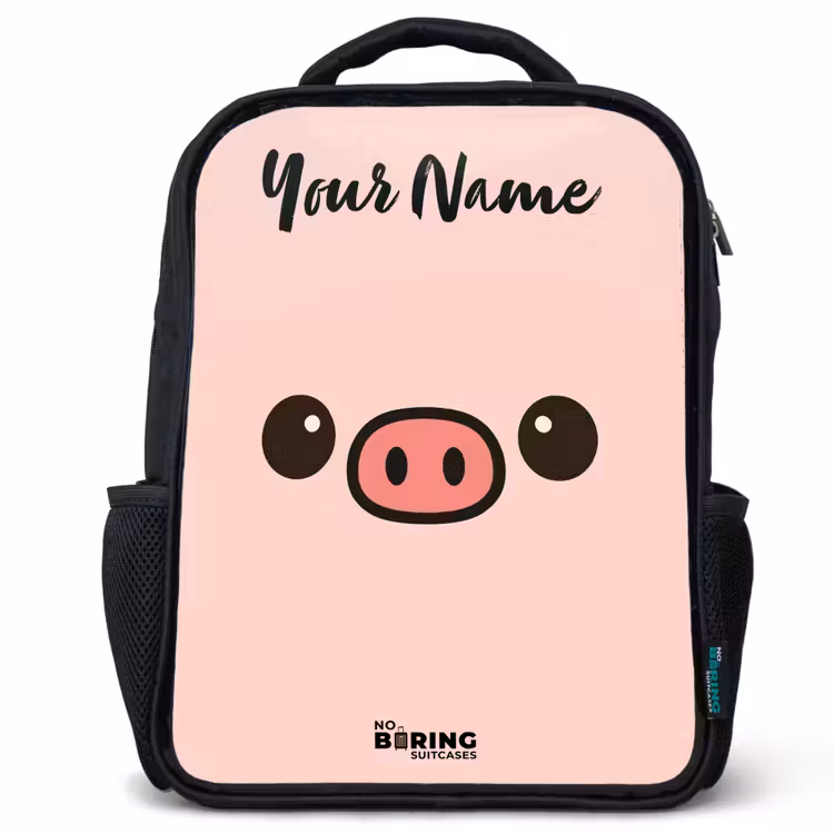 Kids backpack with name - Black - Kawai - Pig - Pink — 1