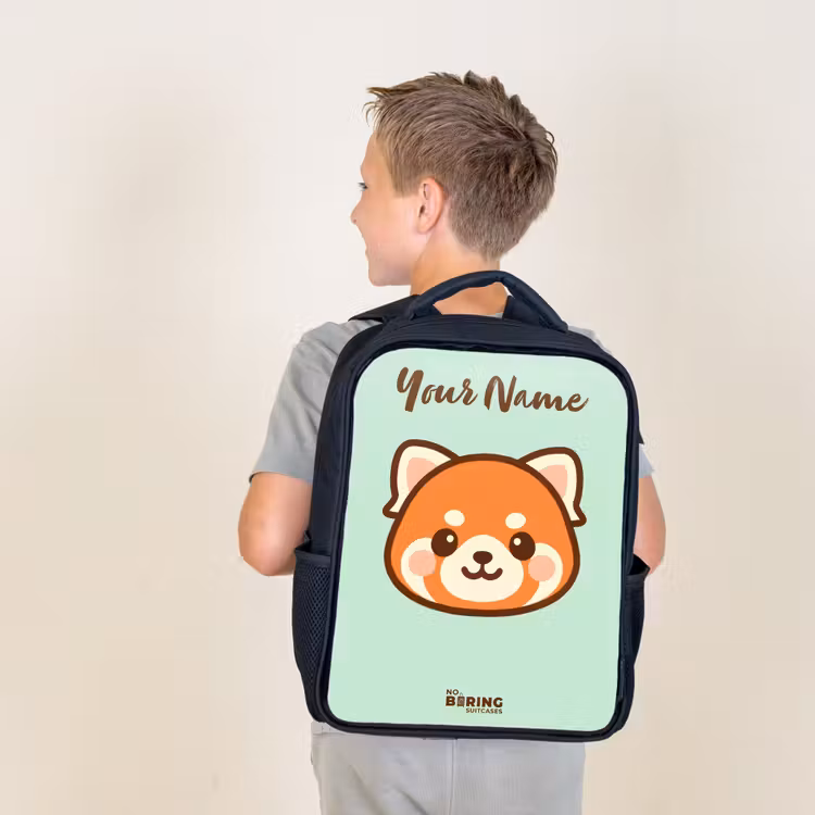Kids backpack with name - Black - Kawai - Red panda - Green — 2
