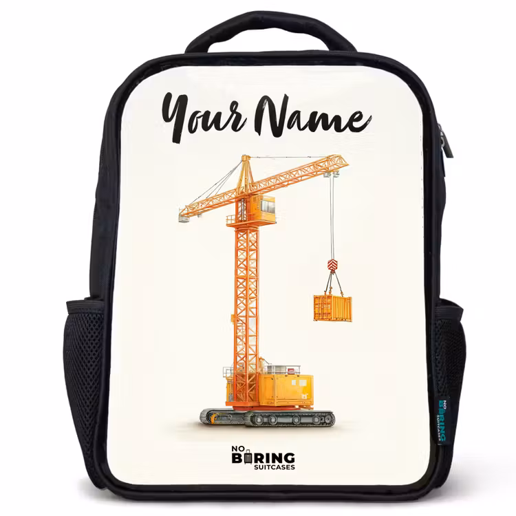 Kids backpack with name - Black - Tower Crane - Signed - Orange — 1