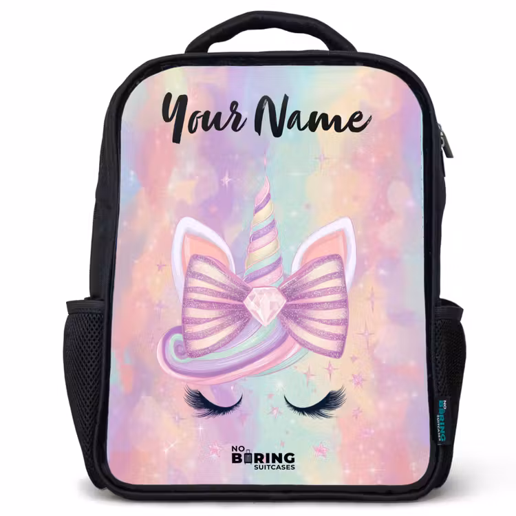 Kids backpack with name - Black - Unicorn - Glitter - Rainbow - Pastel — 1