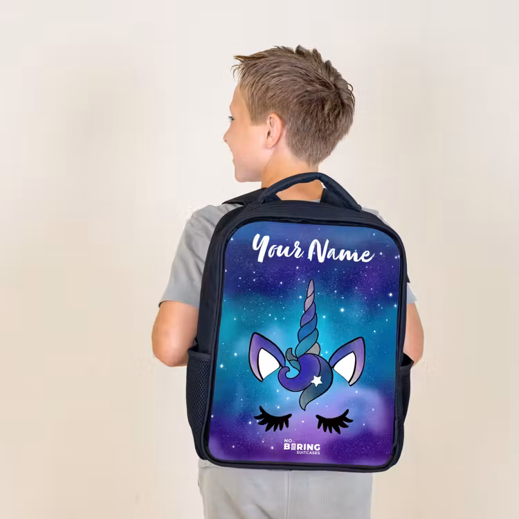 Kids backpack with name - Black - Unicorn - Starry Sky - Blue — 2