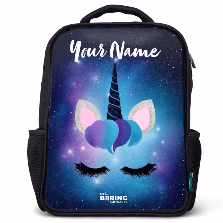 Kids backpack with name - Black - Unicorn - Stars - Blue — 1