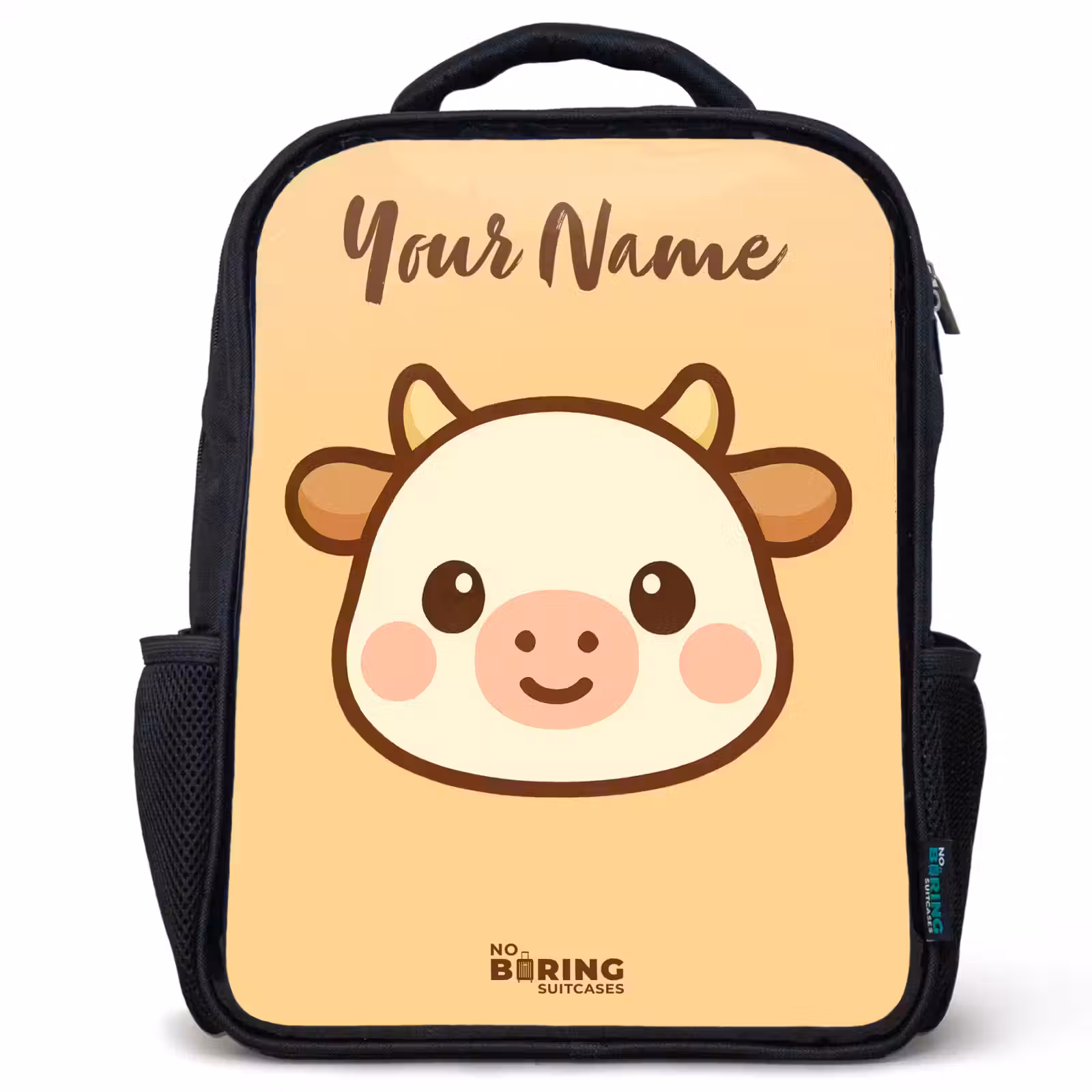 Kids backpack with name - Black - Kawai - Cow - Brown — 1