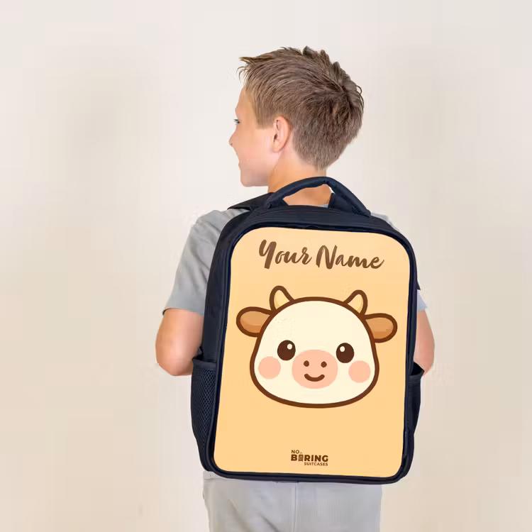 Kids backpack with name - Black - Kawai - Cow - Brown — 2