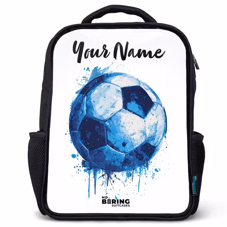 Kids backpack with name - Black - Soccer vibes - Ink splashes - Blue — 1