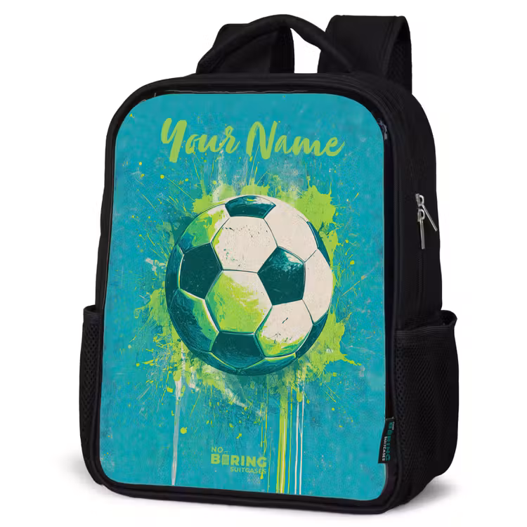 Kids backpack with name - Black - Soccer vibes - Paint splashes - Green - Blue — 4