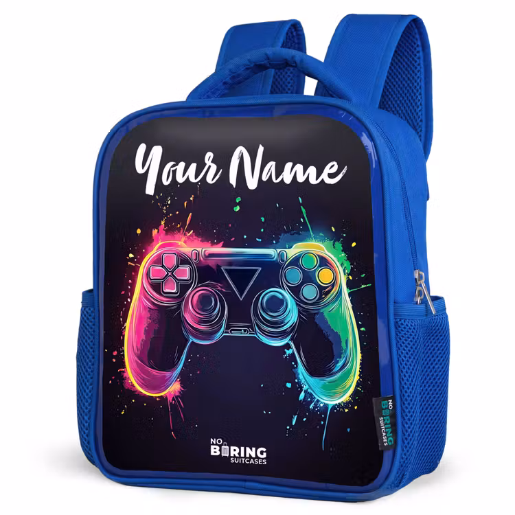 Kids backpack with name - Blue - Neon - Controller - Paint splashes - Game — 3