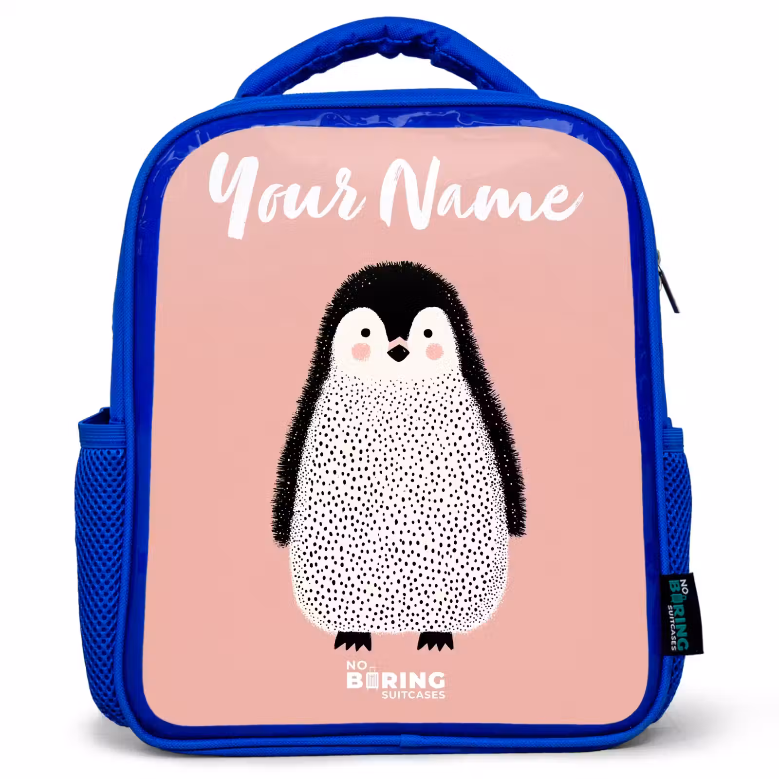 Kids backpack with name - Blue - Penguin - Dots - Pink - Minimalist — 1