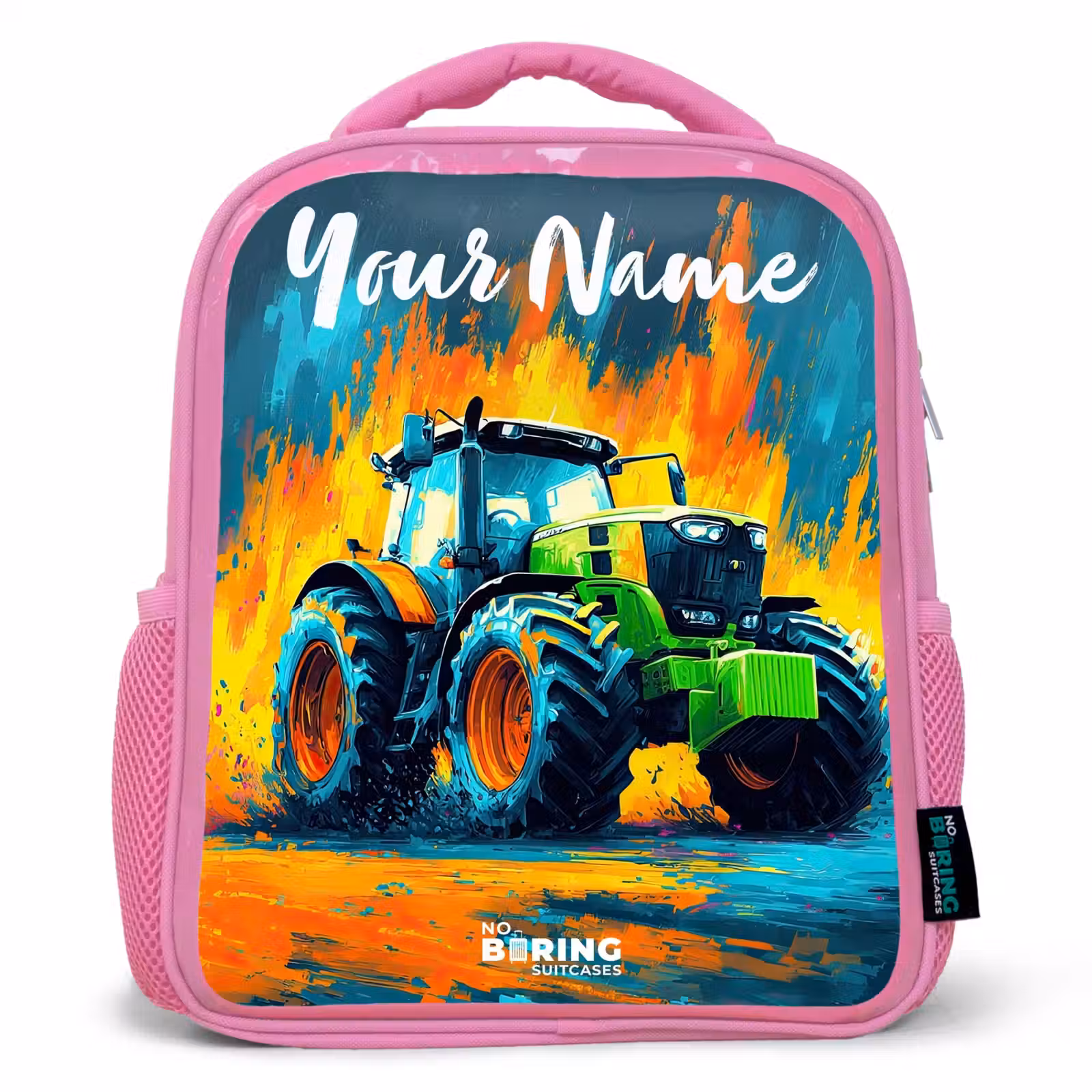 Kids backpack with name - Pink - Abstract - Tractor - Green — 1