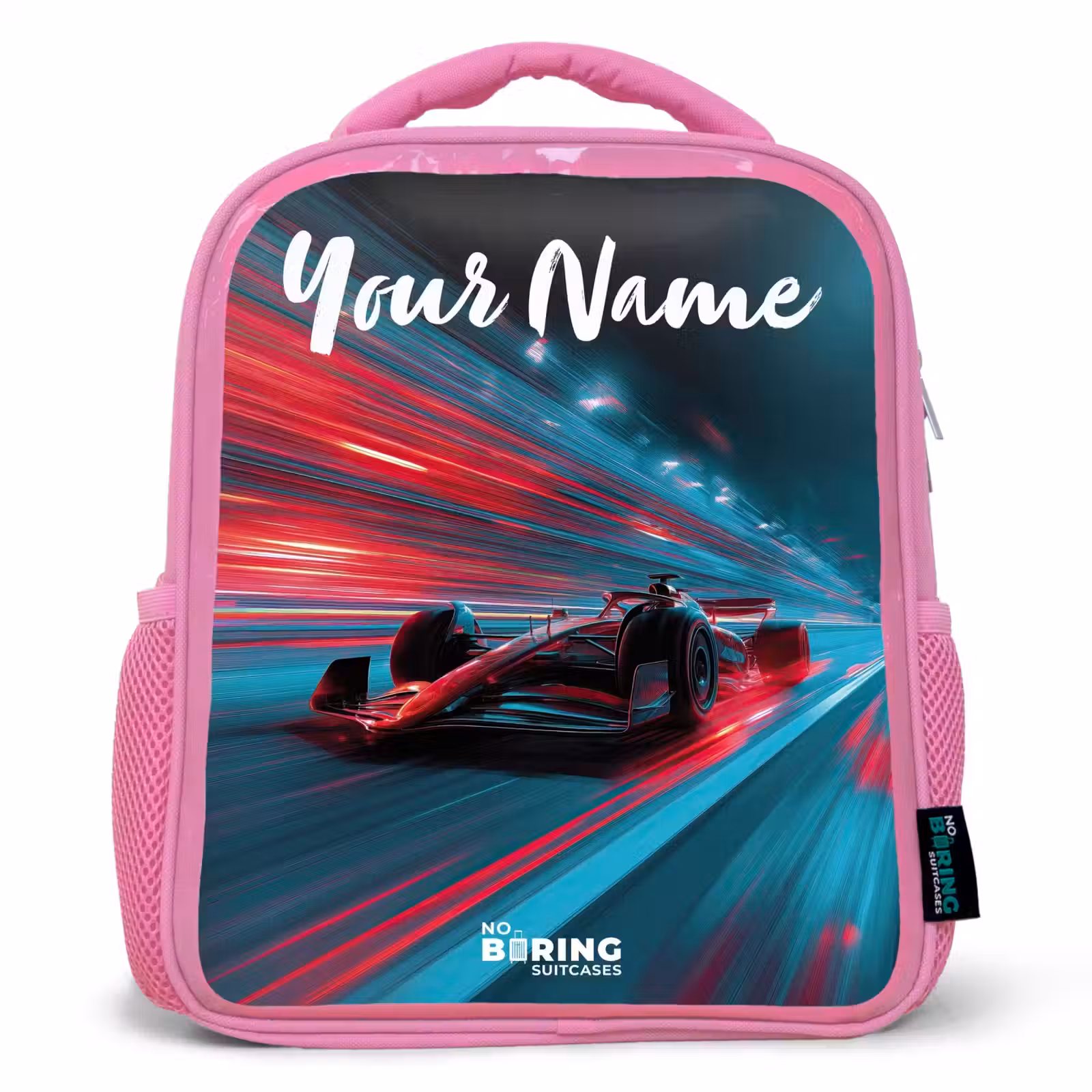 Kids backpack with name - Pink - Formula 1 - Race car - Red - Neon lights — 1