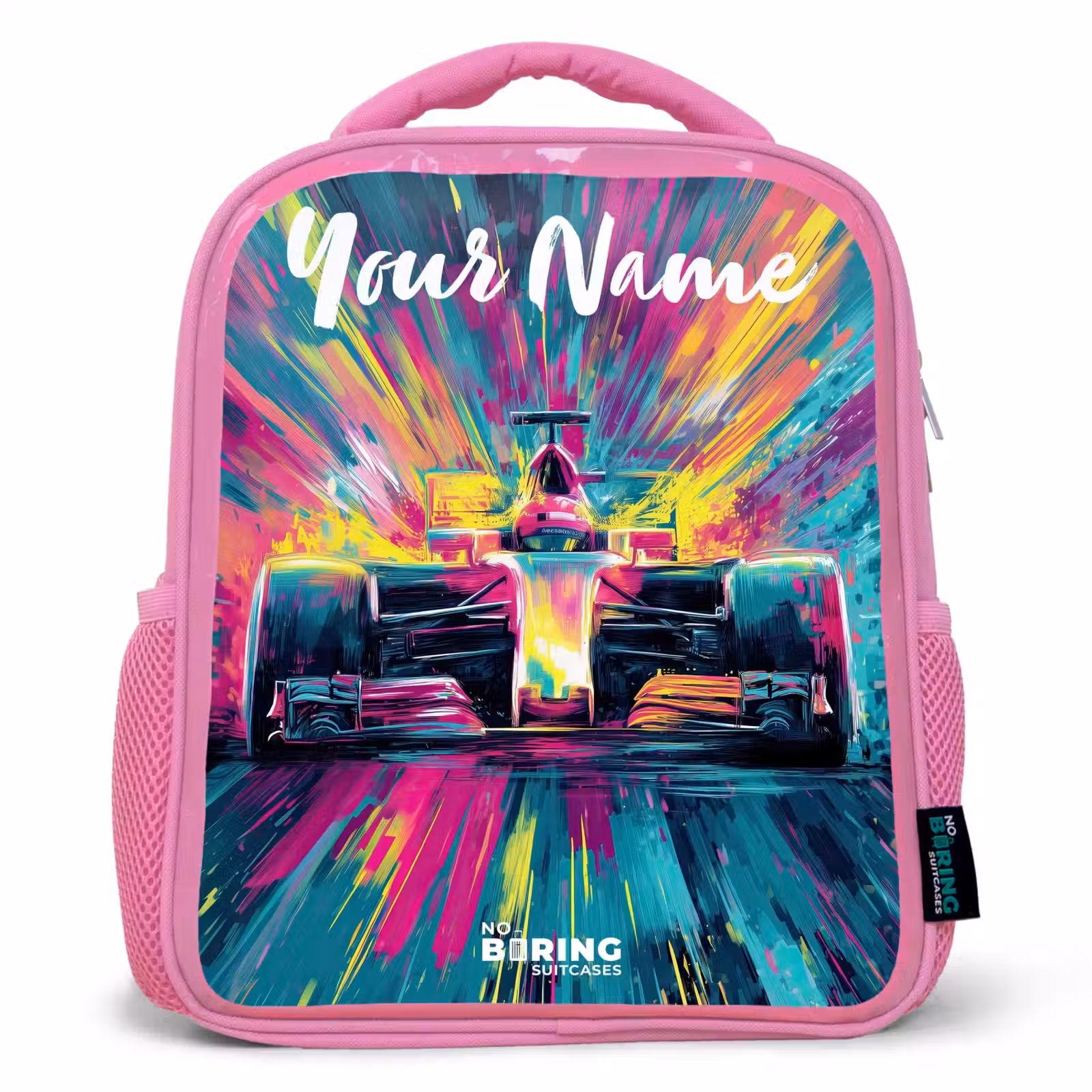 Kids backpack with name - Pink - Race car - Abstract - Stripes - Blue — 1