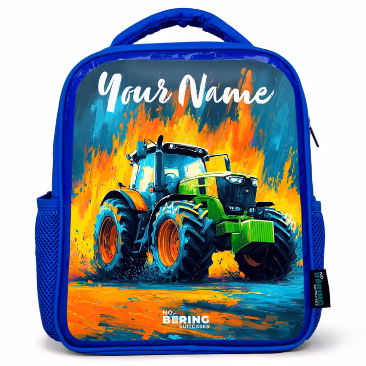 Kids backpack with name - Blue - Abstract - Tractor - Green — 1