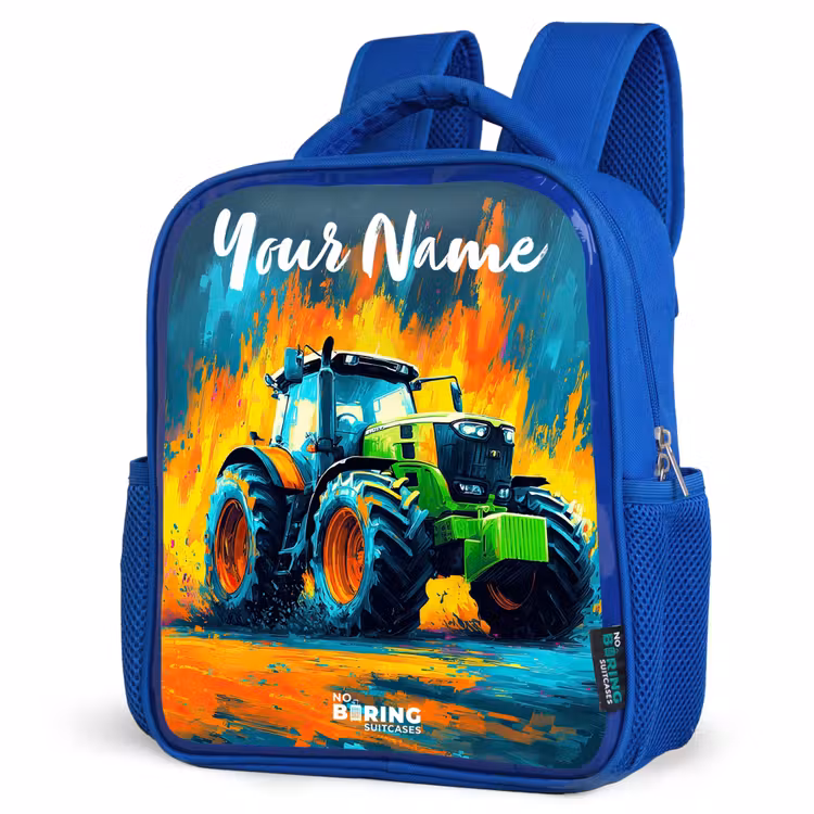 Kids backpack with name - Blue - Abstract - Tractor - Green — 3