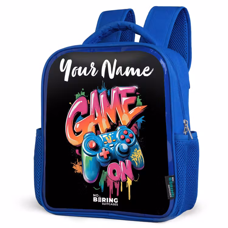 Kids backpack with name - Blue - Controller - Game - Graffiti - Text — 3