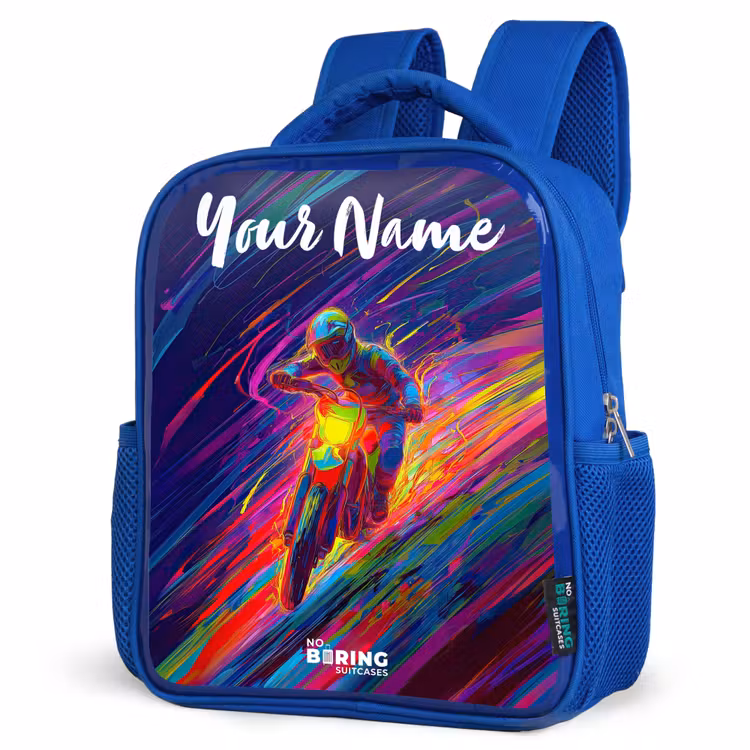 Kids backpack with name - Blue - Cross bike - Neon colors - Lines - Helmet — 3