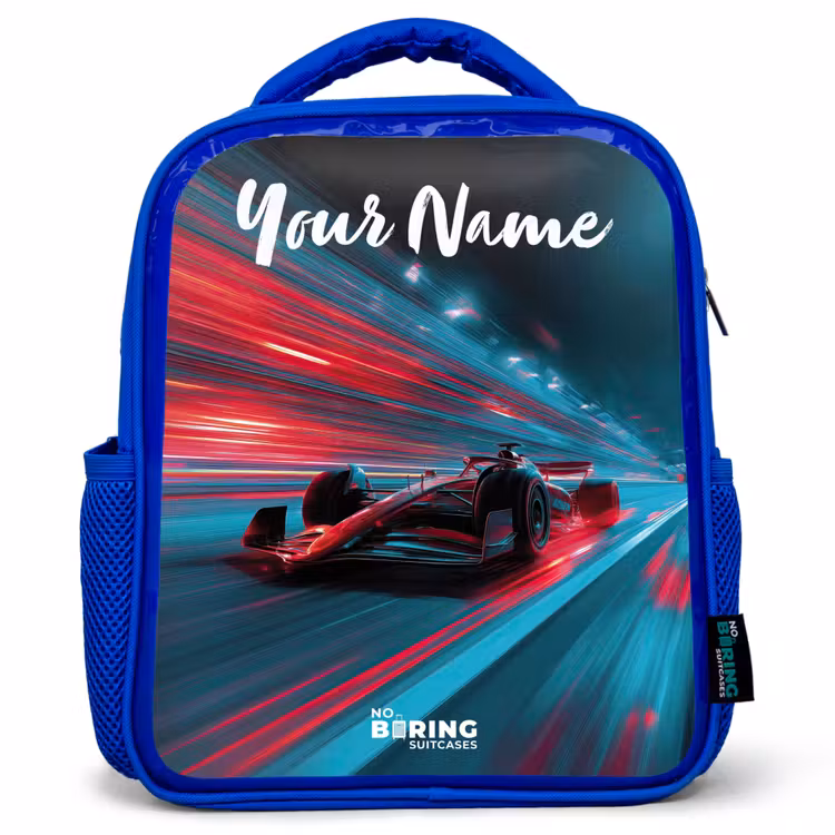 Kids backpack with name - Blue - Formula 1 - Race car - Red - Neon lights — 1