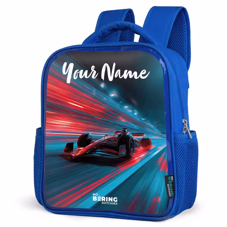 Kids backpack with name - Blue - Formula 1 - Race car - Red - Neon lights — 3
