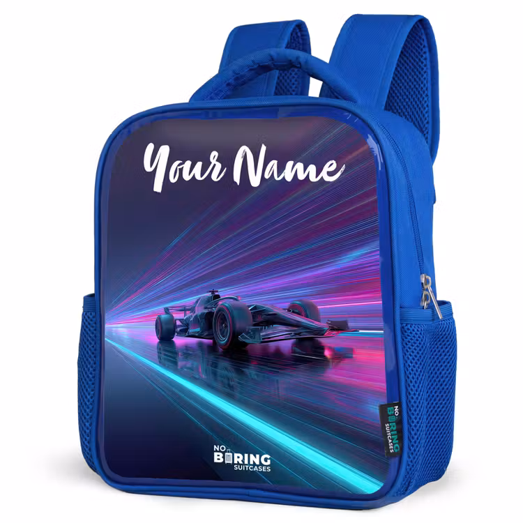 Kids backpack with name - Blue - Light beams - Neon - Racing car - Purple — 3