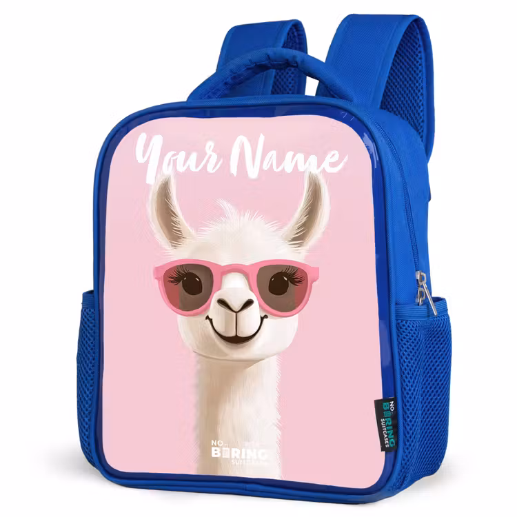 Kids backpack with name - Blue - Llama - White - Sunglasses - Eyelashes — 3