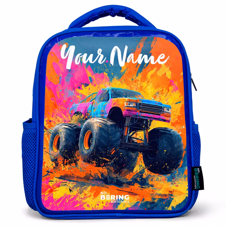 Kids backpack with name - Blue - Monster truck - Abstract - Paint splatters - Colorful — 1