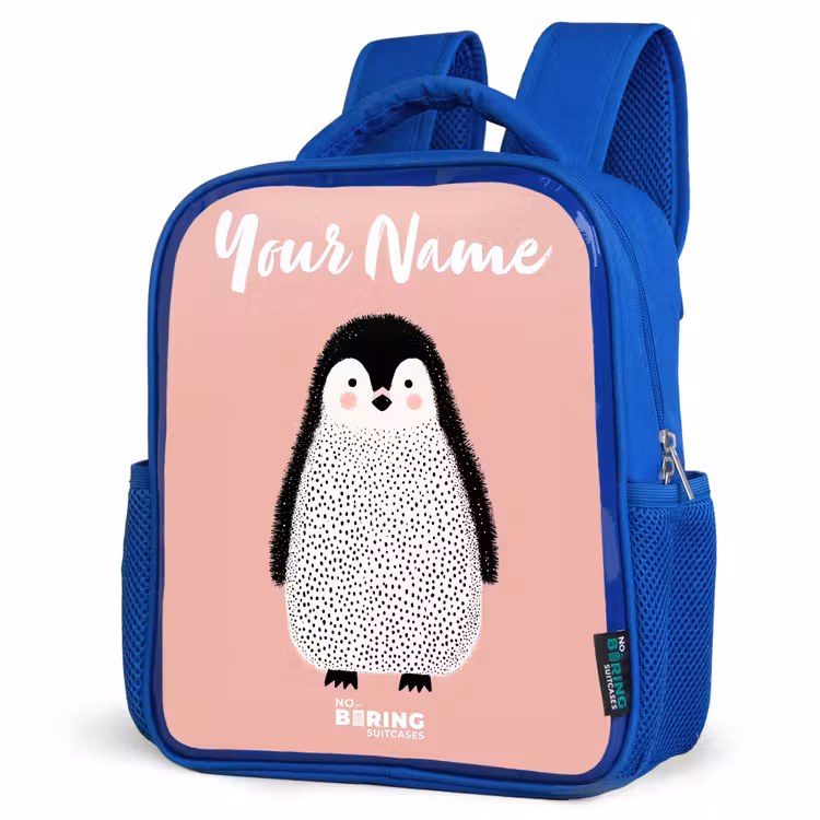 Kids backpack with name - Blue - Penguin - Dots - Pink - Minimalist — 3