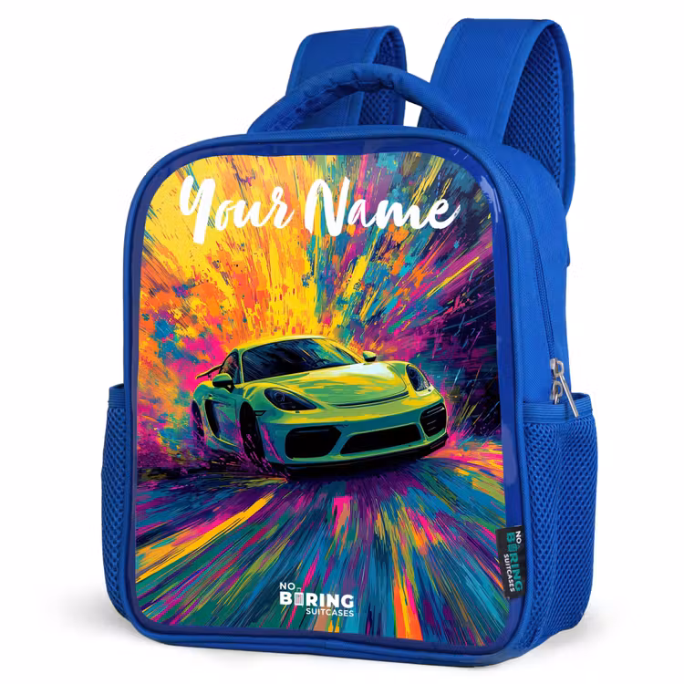 Kids backpack with name - Blue - Sports car - Green - Paint stripes - Colors — 3
