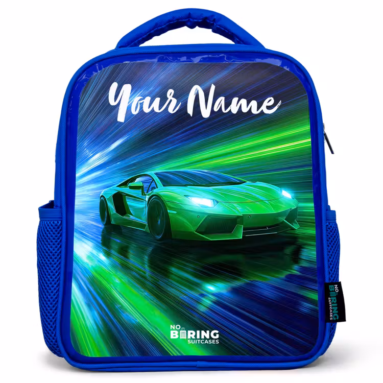 Kids backpack with name - Blue - Sports car - Green - Speed Lines - Neon — 1
