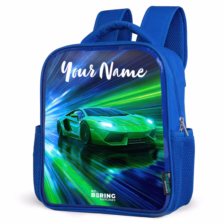 Kids backpack with name - Blue - Sports car - Green - Speed Lines - Neon — 3