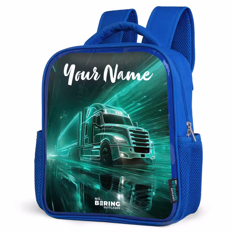 Kids backpack with name - Blue - Truck - City - Green - Neon — 3