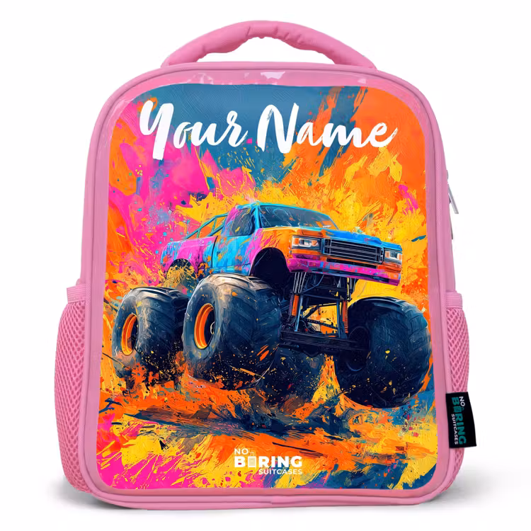Kids backpack with name - Pink - Monster truck - Abstract - Paint splatters - Colorful — 1