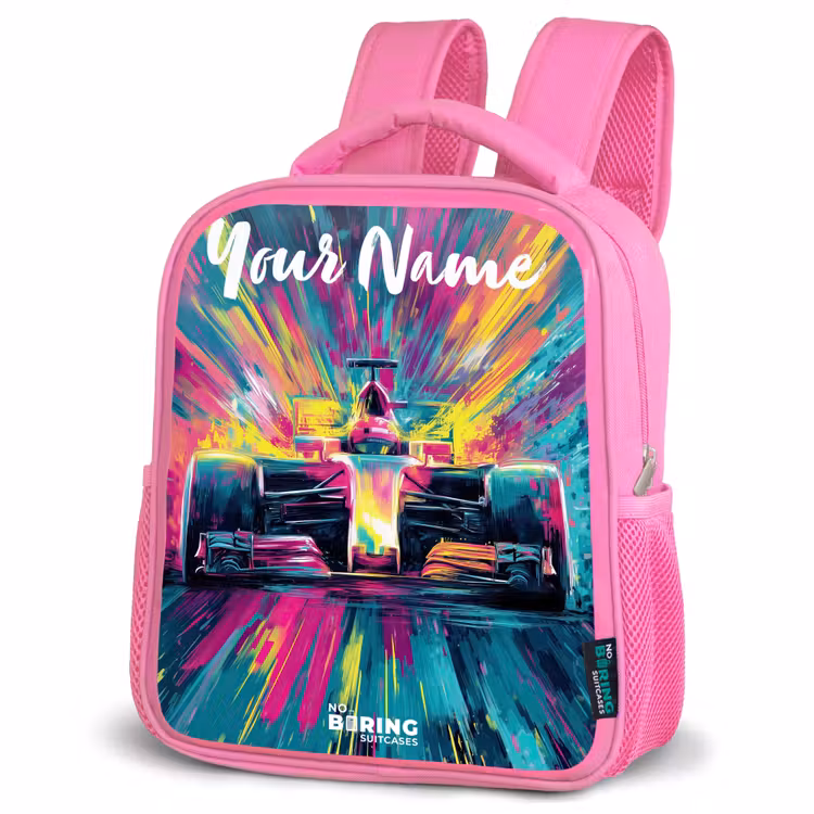 Kids backpack with name - Pink - Race car - Abstract - Stripes - Blue — 4