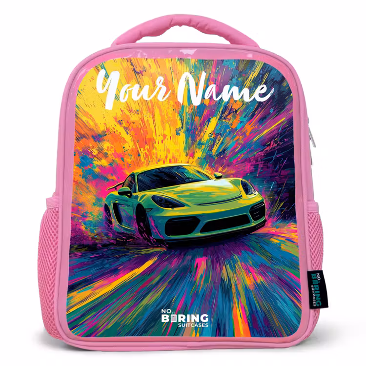 Kids backpack with name - Pink - Sports car - Green - Paint stripes - Colors — 1