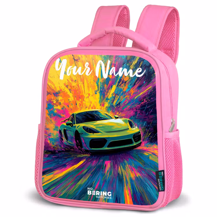 Kids backpack with name - Pink - Sports car - Green - Paint stripes - Colors — 4