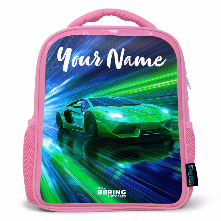 Kids backpack with name - Pink - Sports car - Green - Speed Lines - Neon — 1