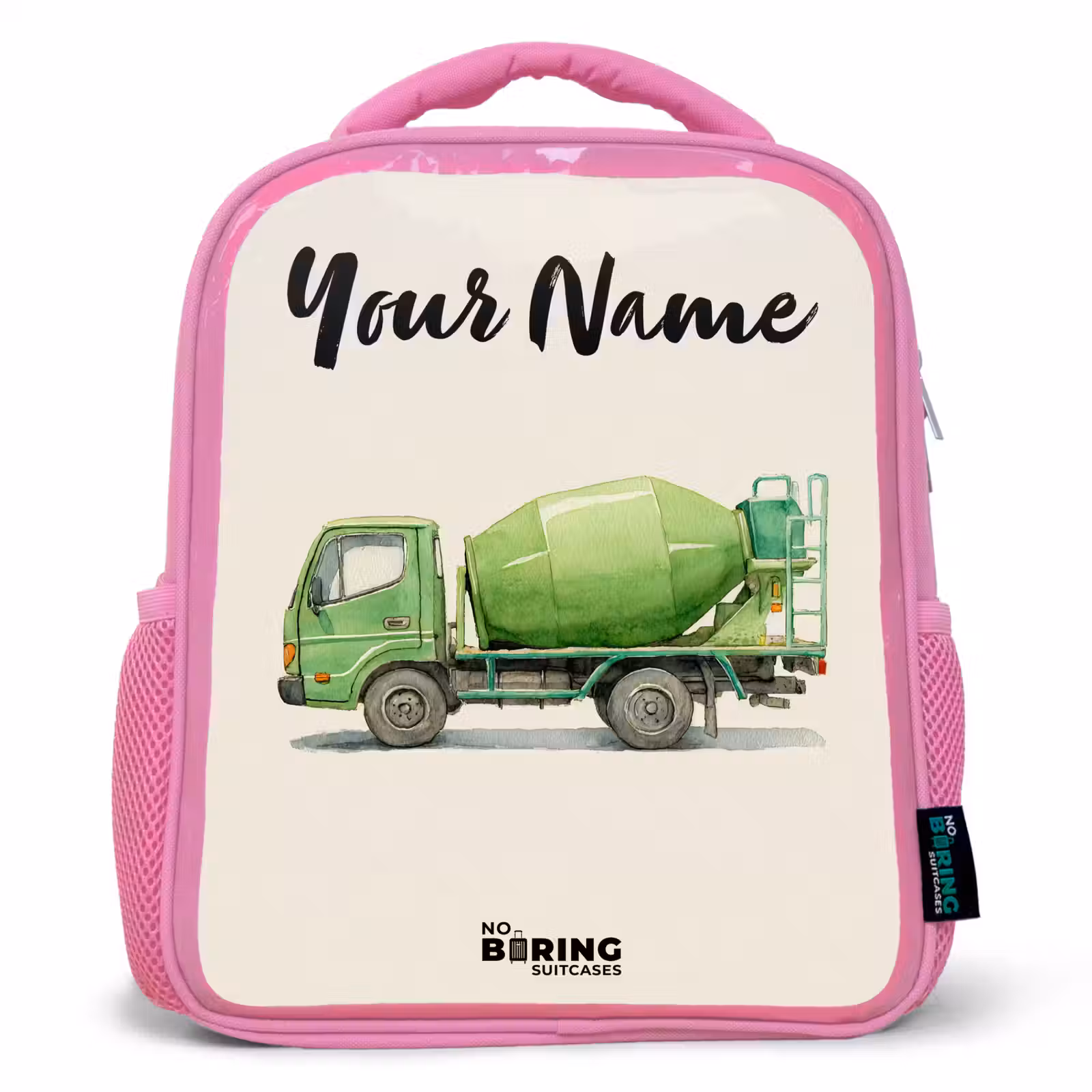Kids backpack with name - Pink - Concrete mixer - Signed - Green — 1