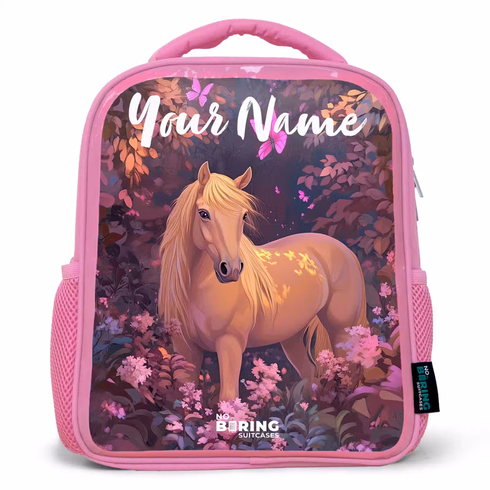 Kids backpack with name - Pink - Horse - Flowers - Purple - Butterfly — 1