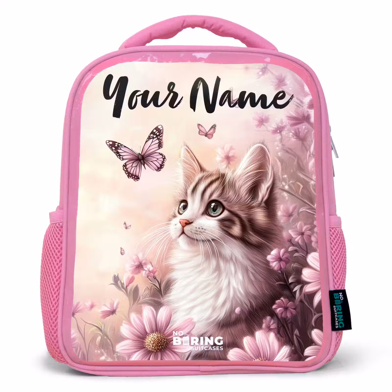 Kids backpack with name - Pink - Kitten - Butterflies - Purple - Flowers — 1