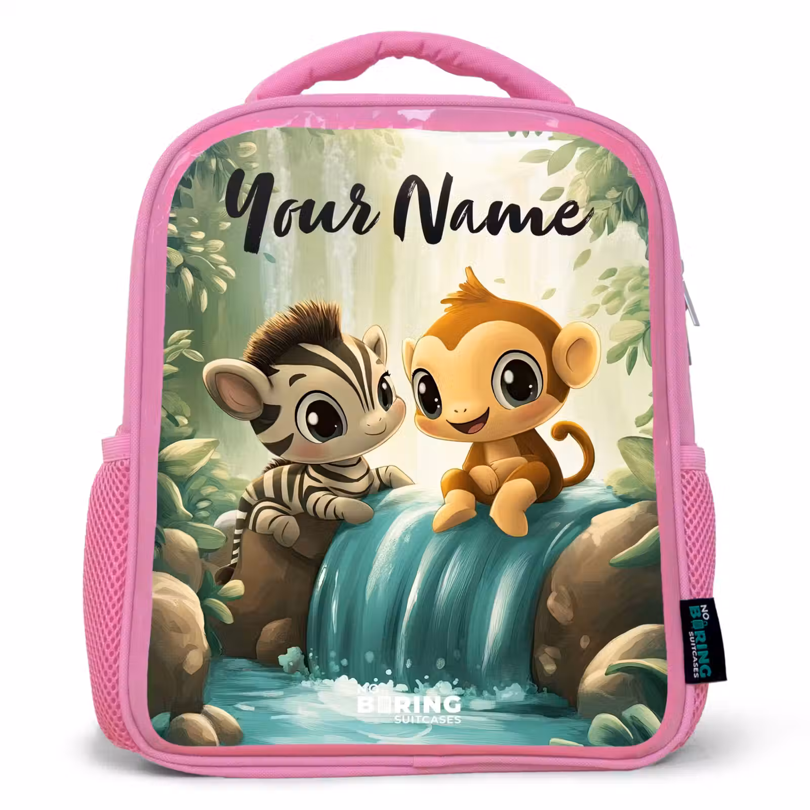 Kids backpack with name - Pink - Zebra - Monkey - Waterfall - Rocks — 1