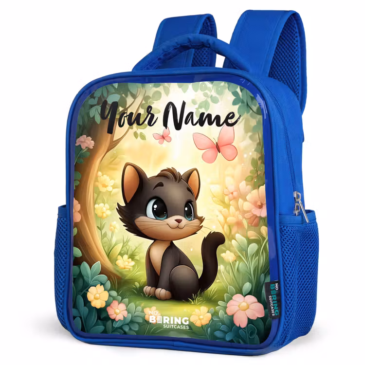 Kids backpack with name - Blue - Cat - Butterfly - Flowers — 3