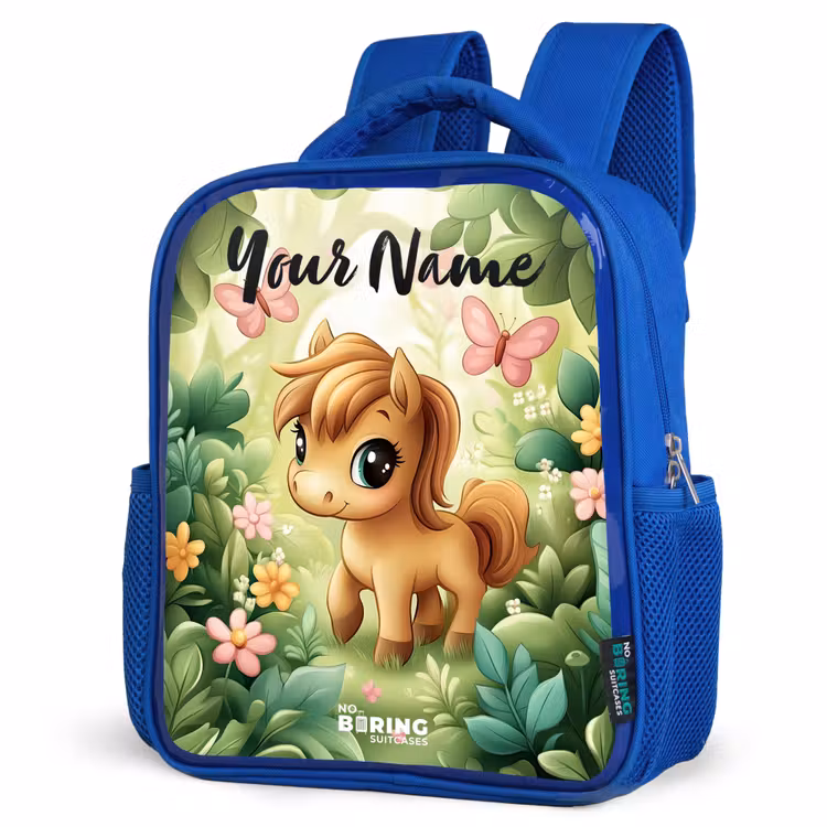 Kids backpack with name - Blue - Horse - Flowers - Butterflies — 3