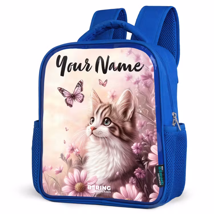 Kids backpack with name - Blue - Kitten - Butterflies - Purple - Flowers — 3