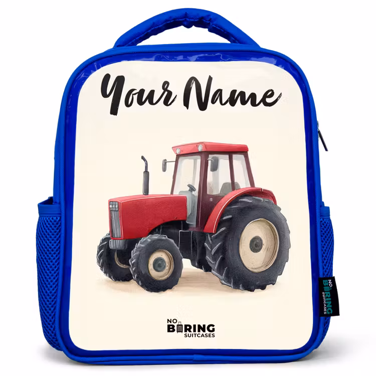 Kids backpack with name - Blue - Tractor - Signed - Red — 1