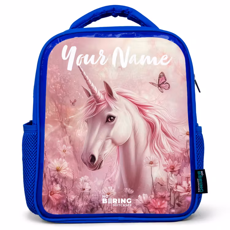 Kids backpack with name - Blue - Unicorn - Pink - Butterfly - Flowers — 1