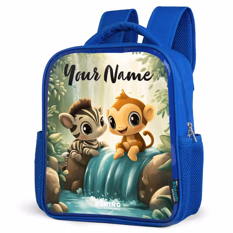 Kids backpack with name - Blue - Zebra - Monkey - Waterfall - Rocks — 3