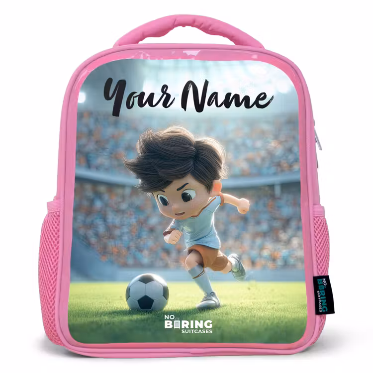 Kids backpack with name - Pink - Boy - Soccer - Stadium - Sunlight — 1