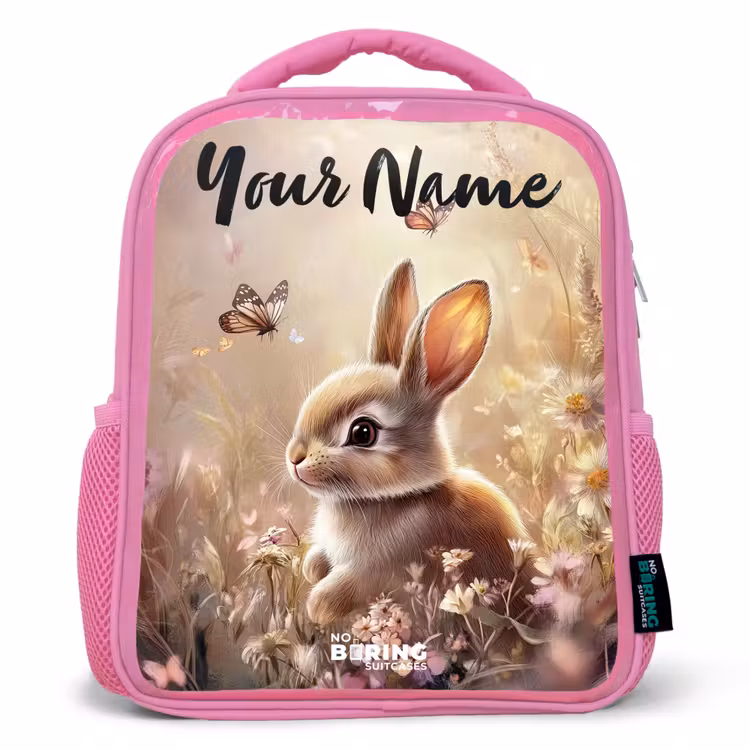 Kids backpack with name - Pink - Bunny - Brown - Flowers - Butterflies — 1